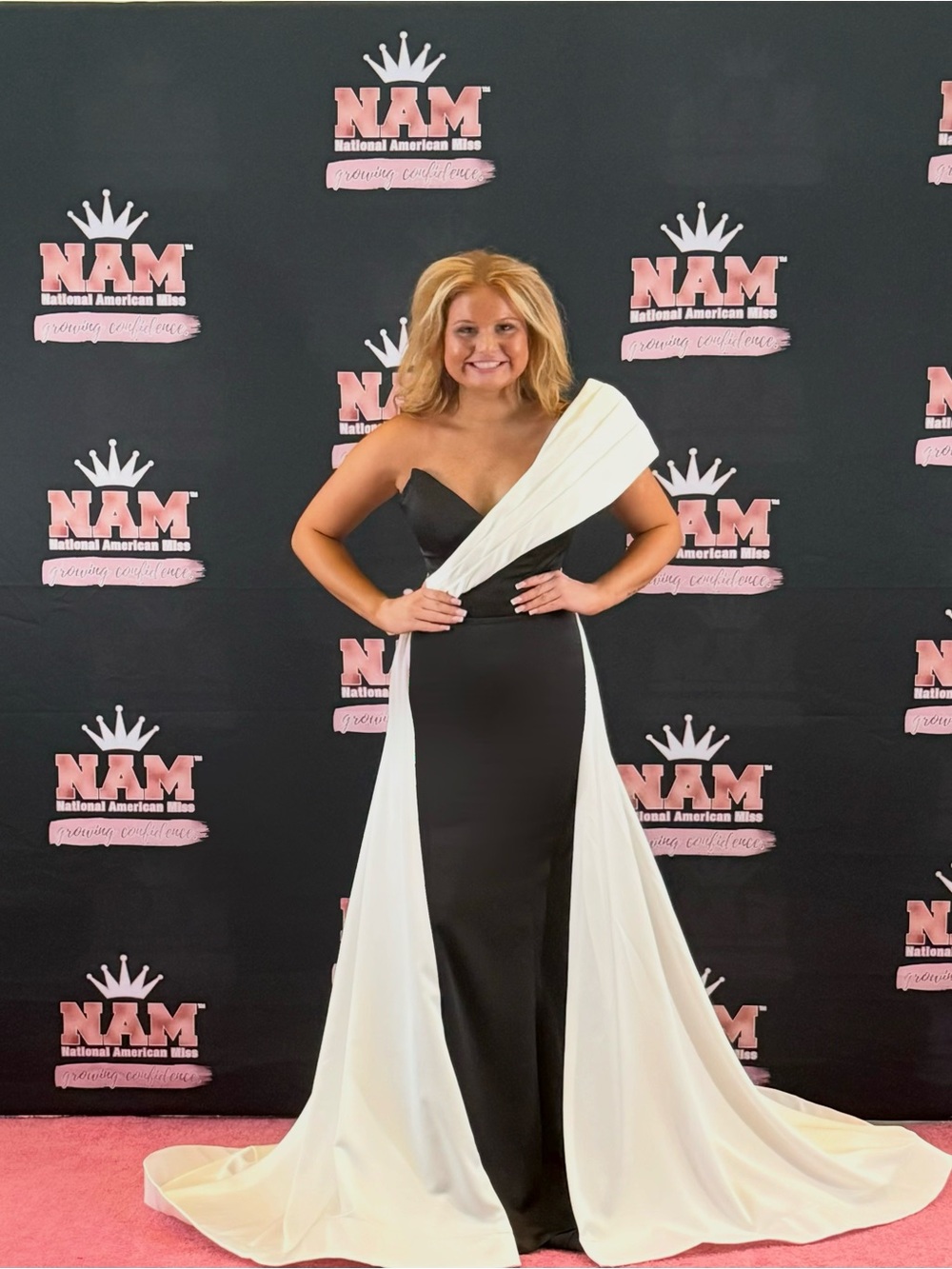 One-Shoulder Black and White Prom Gown with Draped Overlay